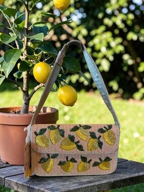 Lemon Beaded Shoulder Bag with Pink and Green Stripes